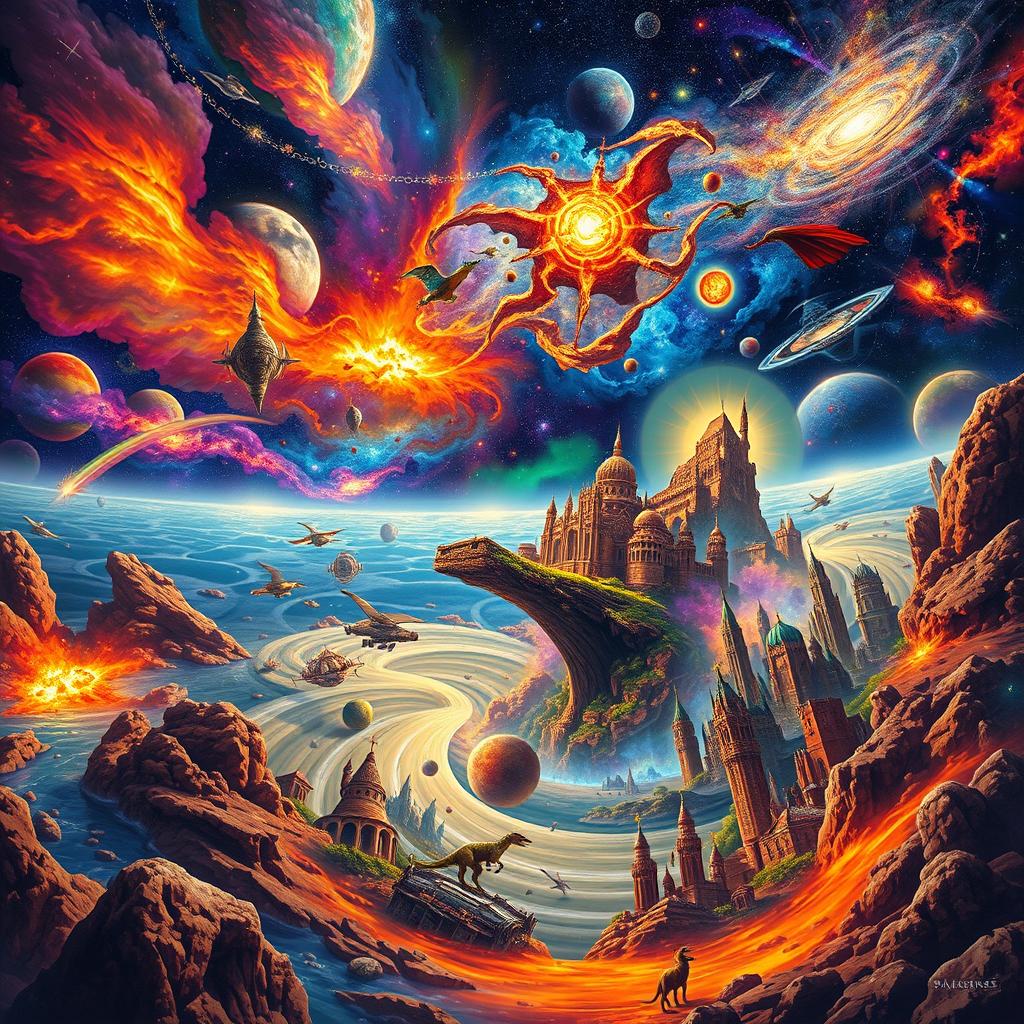 An expansive, cosmic landscape depicting the concept of infinite history, showcasing a timeline that stretches across the universe