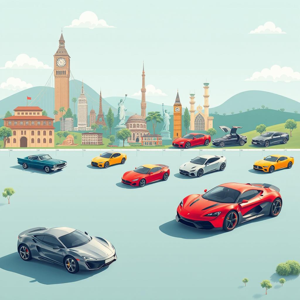A visually captivating and expansive timeline depicting the evolution of automobiles from the early 1900s to the present