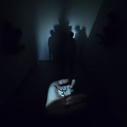 A man solemnly swallowing pills in the foreground, outlined by eerie silhouettes lurking unnoticed in the background.