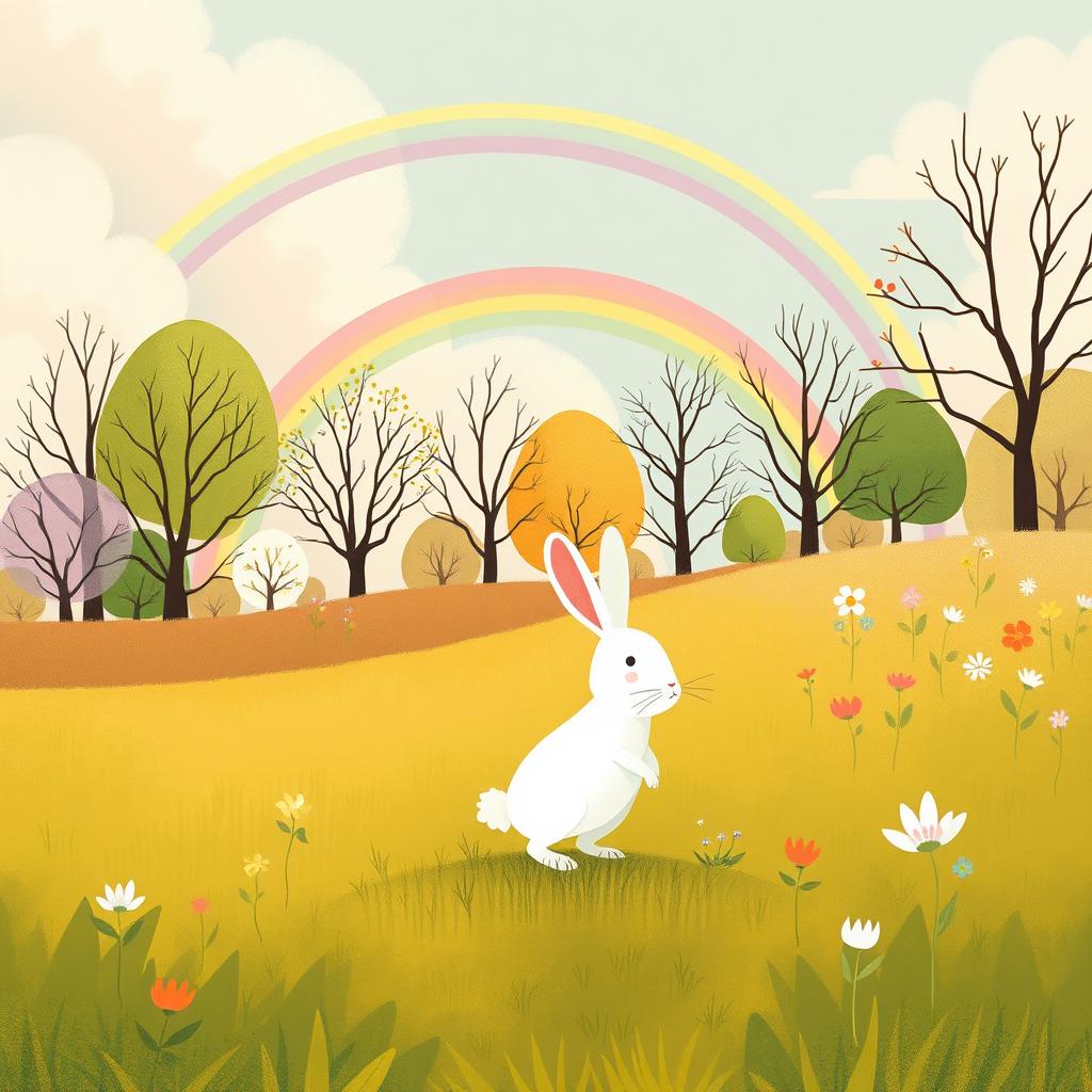 In a beautiful spring scene, a small white rabbit stands on damp grass, taking a deep breath