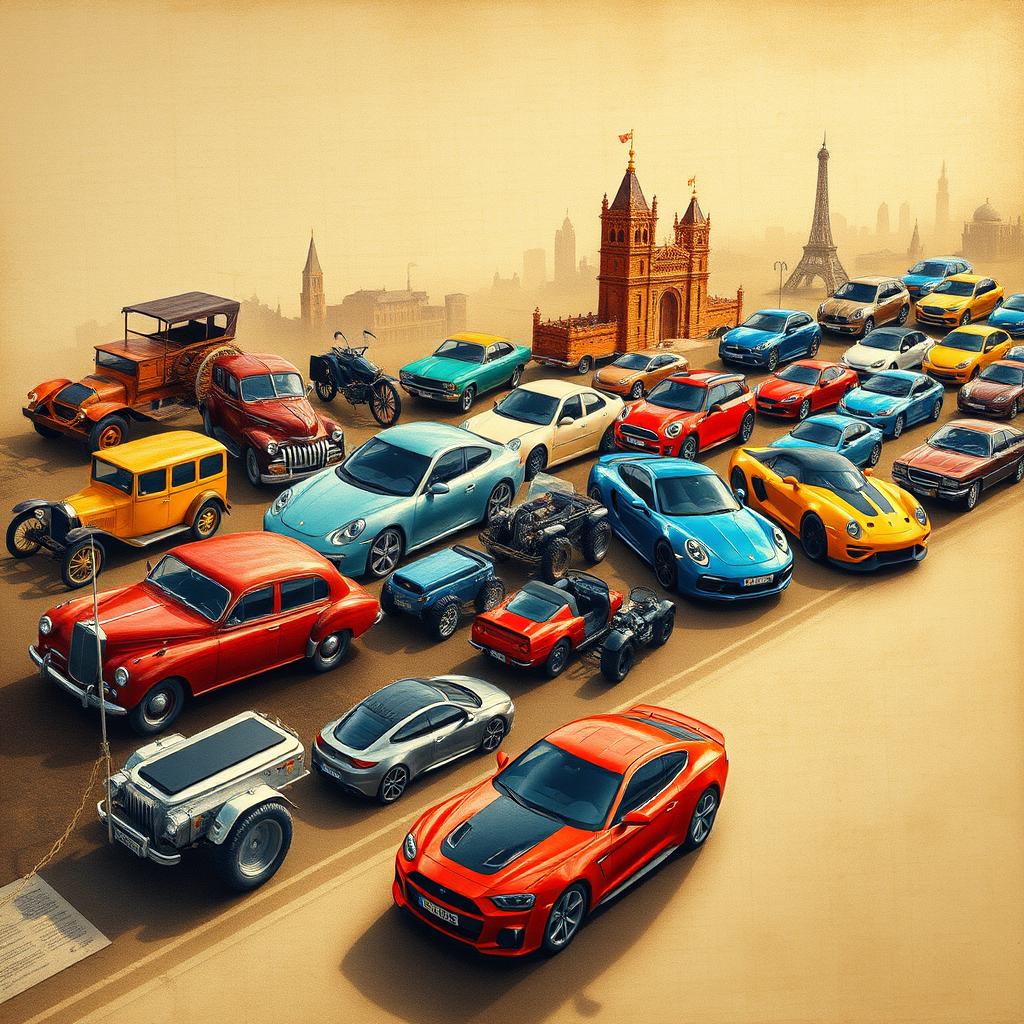 An intricate visual representation of the evolution of cars throughout history, showcasing various iconic car models from different decades