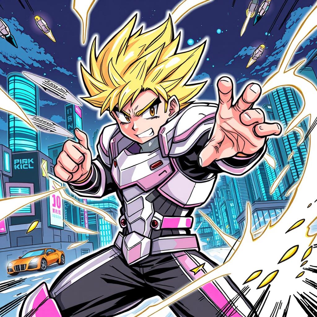 A vibrant manga-style illustration of a dynamic action scene featuring a heroic character with spiky hair and a confident expression, wearing a stylish futuristic armor
