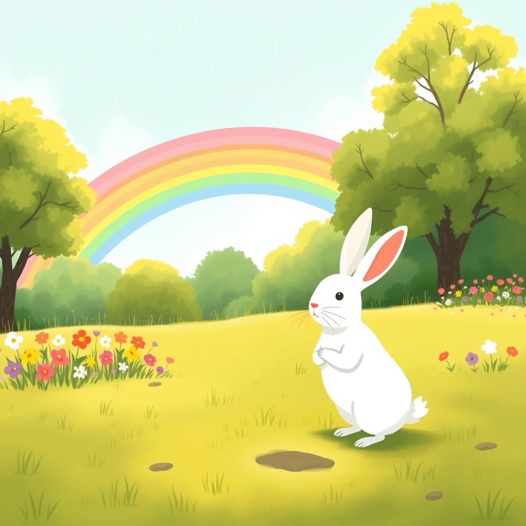 A cute little white rabbit standing on a grassy field, taking a deep breath in the refreshing spring air