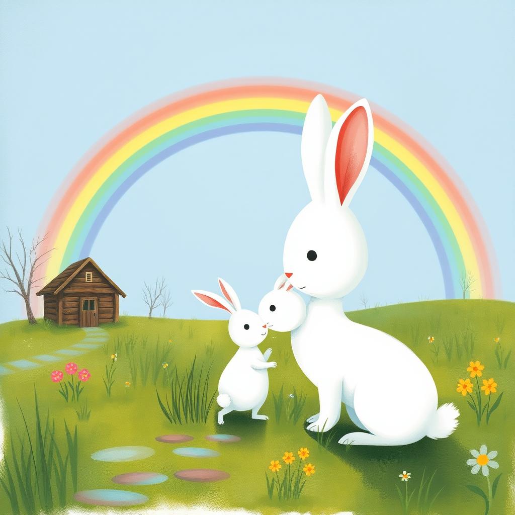 In a vibrant spring scene, a little white rabbit stands on slightly damp grass