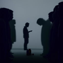 A man solemnly swallowing pills in the foreground, outlined by eerie silhouettes lurking unnoticed in the background.