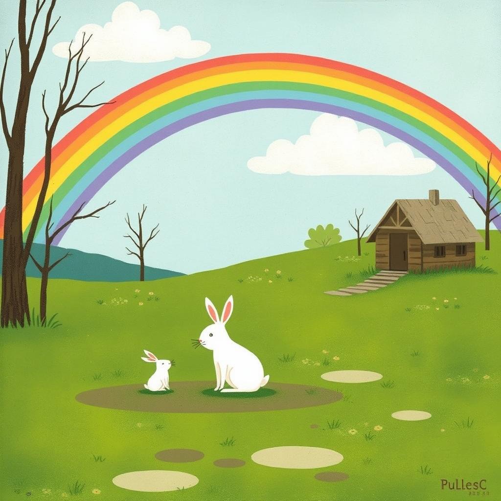 In a spring setting with damp ground, a small white rabbit and a large white rabbit stand on lush green grass