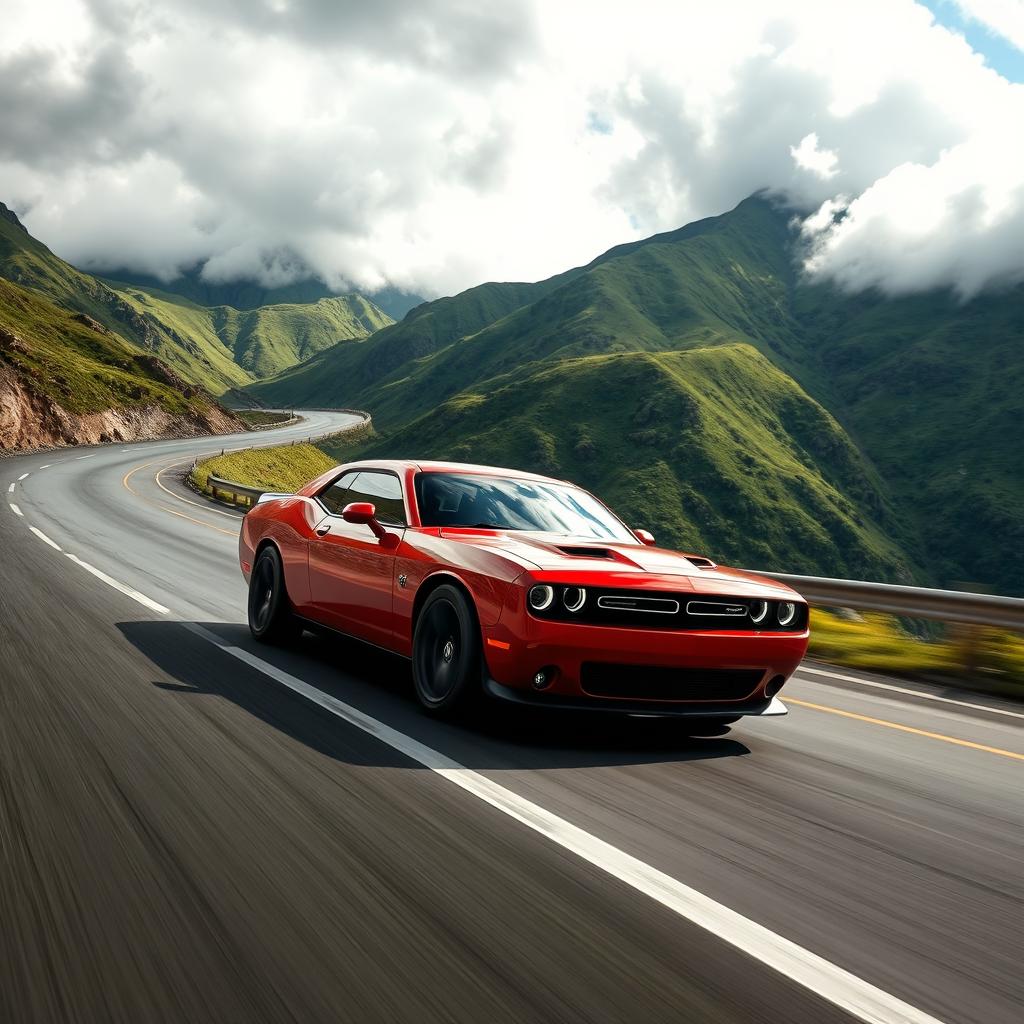 A sleek, modern Dodge car speeding along a winding mountain road, with dramatic clouds in the sky