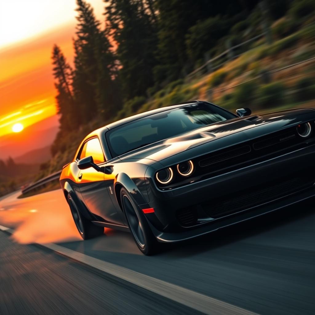 A sleek and powerful Dodge sports car speeding along a winding mountain road during sunset