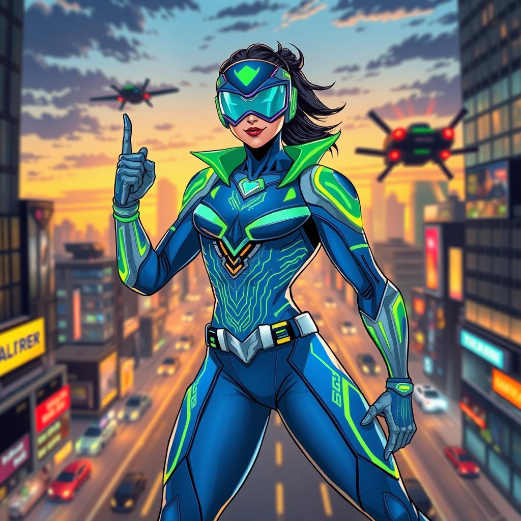A sleek and stylized illustration of a fictional superhero named Spx, featuring a dynamic pose showcasing their bright, vibrant costume that blends futuristic technology and urban influences