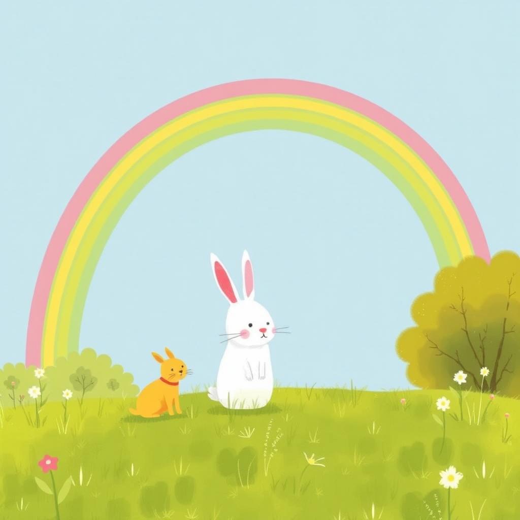 In a sunny spring scene, a small white rabbit and a small yellow dog are standing on lush green grass