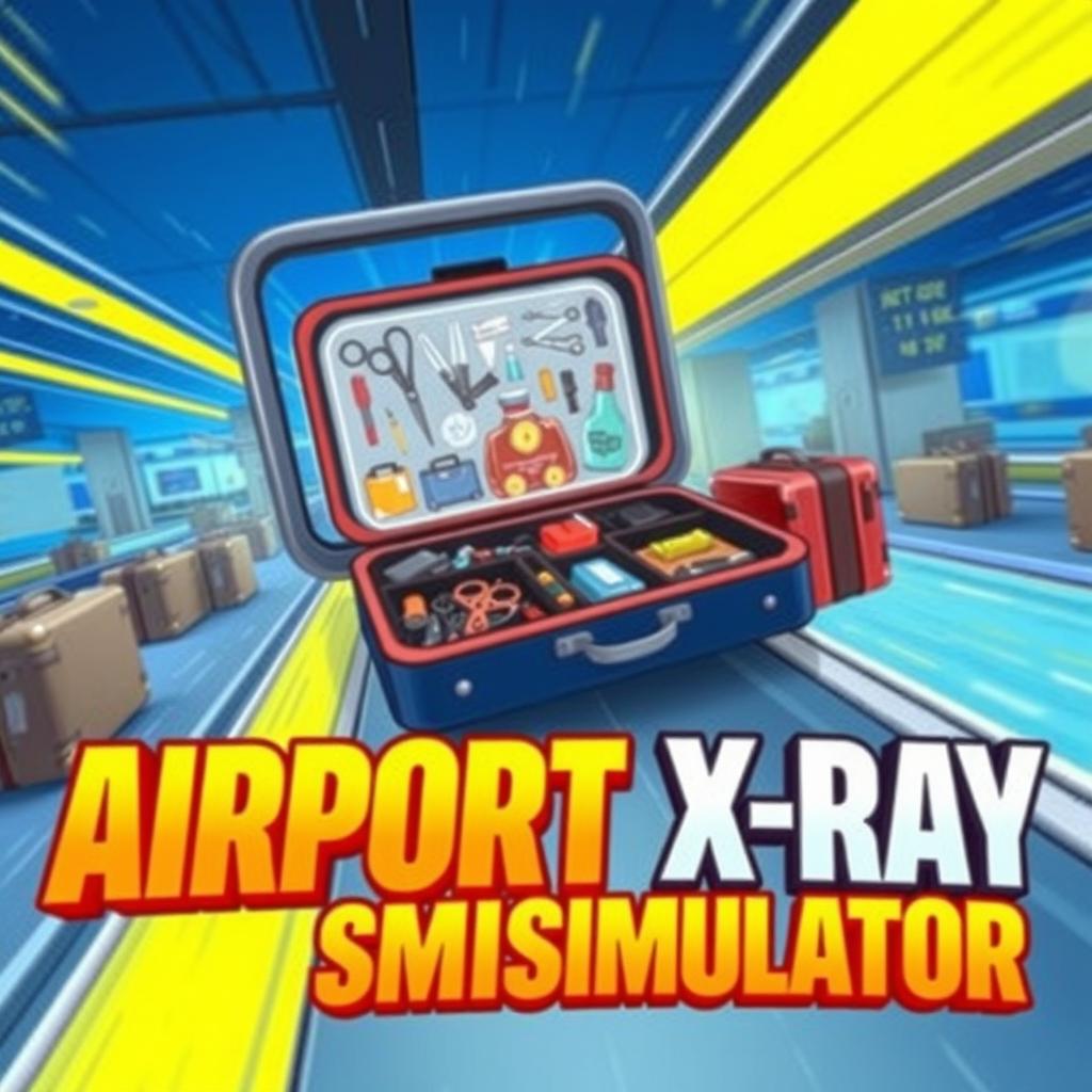 A vibrant and cartoonish thumbnail for a YouTube gameplay video about Airport X-Ray Simulator