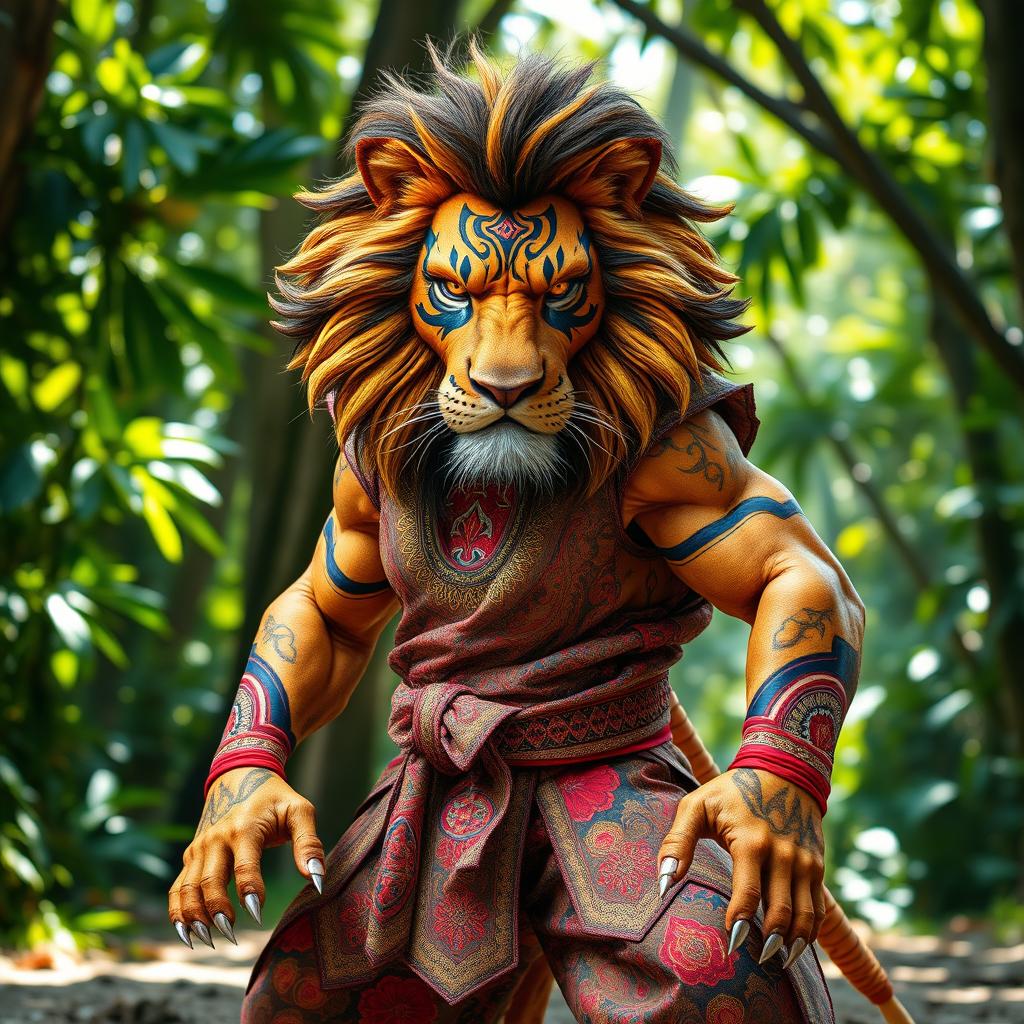 A fierce, muscular humanlike lion dressed in traditional pencak silat uniform, showcasing intricate patterns and vibrant colors