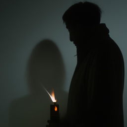 Detailed scene of a person front view lighting a cigarette, the lighter's flame flickering, casting an unearthly glow on a haunting silhouette behind them.