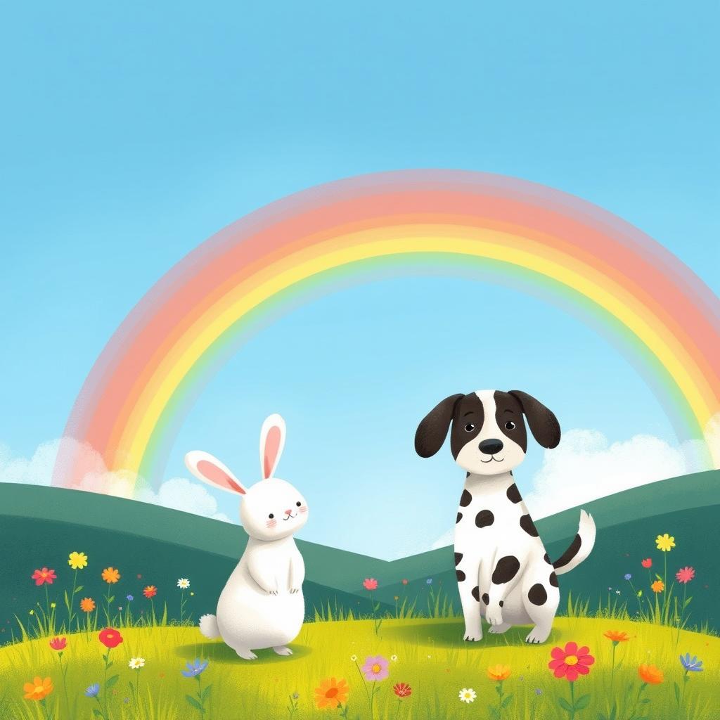 In spring, a cute small white rabbit and an adorable spotted dog stand on a lush green meadow