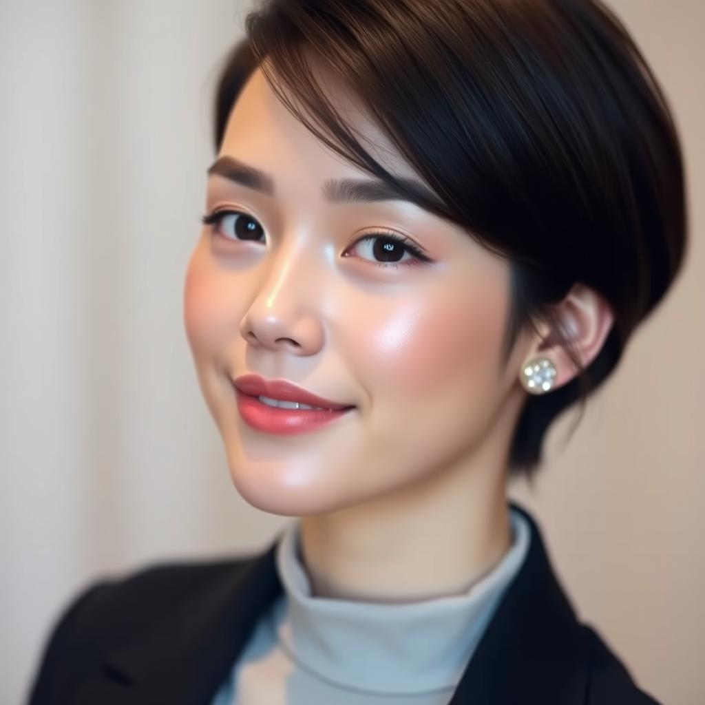 A portrait of a person with slight cosmetic improvements, showcasing enhanced facial features with a subtle glow