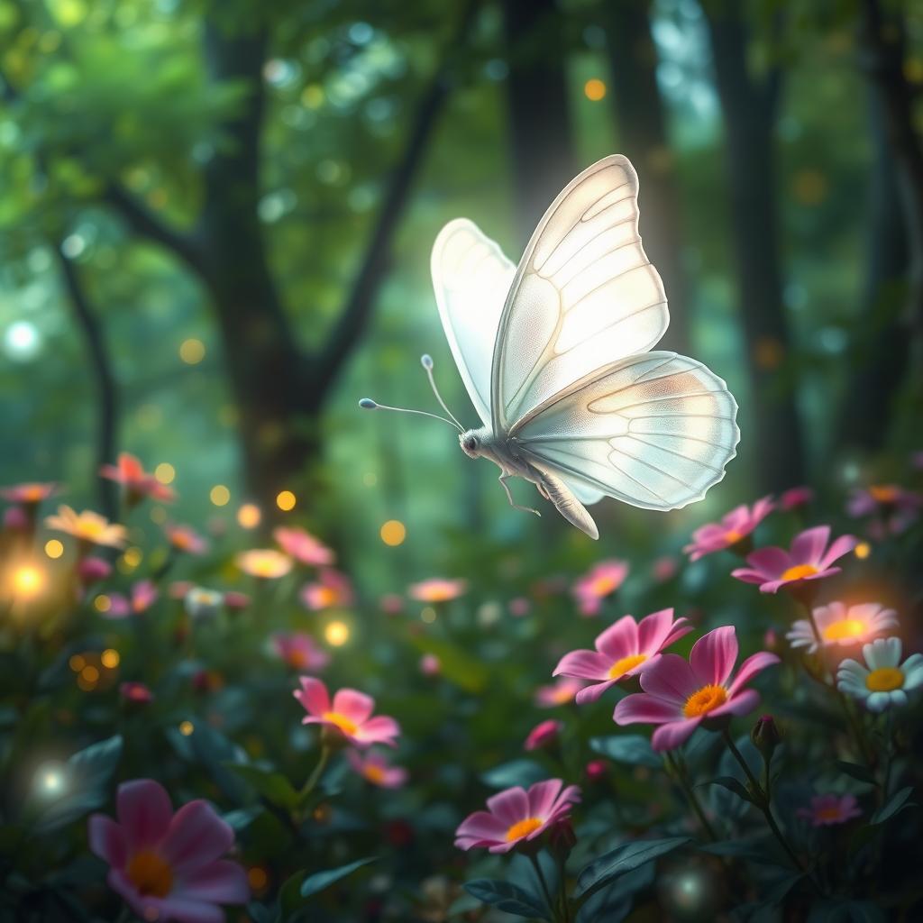 A stunning, ethereal white butterfly gracefully fluttering in a magical forest filled with soft glowing lights and vibrant flowers