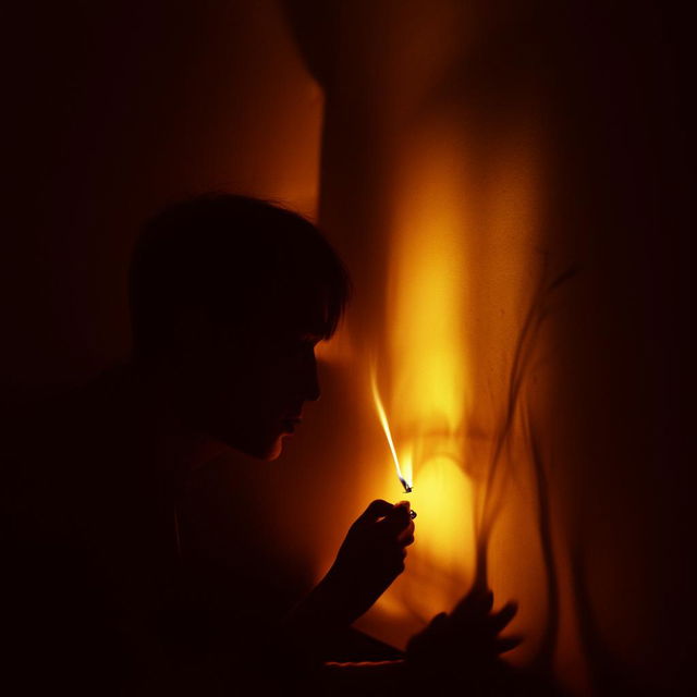 Detailed scene of a person front view lighting a cigarette, the lighter's flame flickering, casting an unearthly glow on a haunting silhouette behind them.