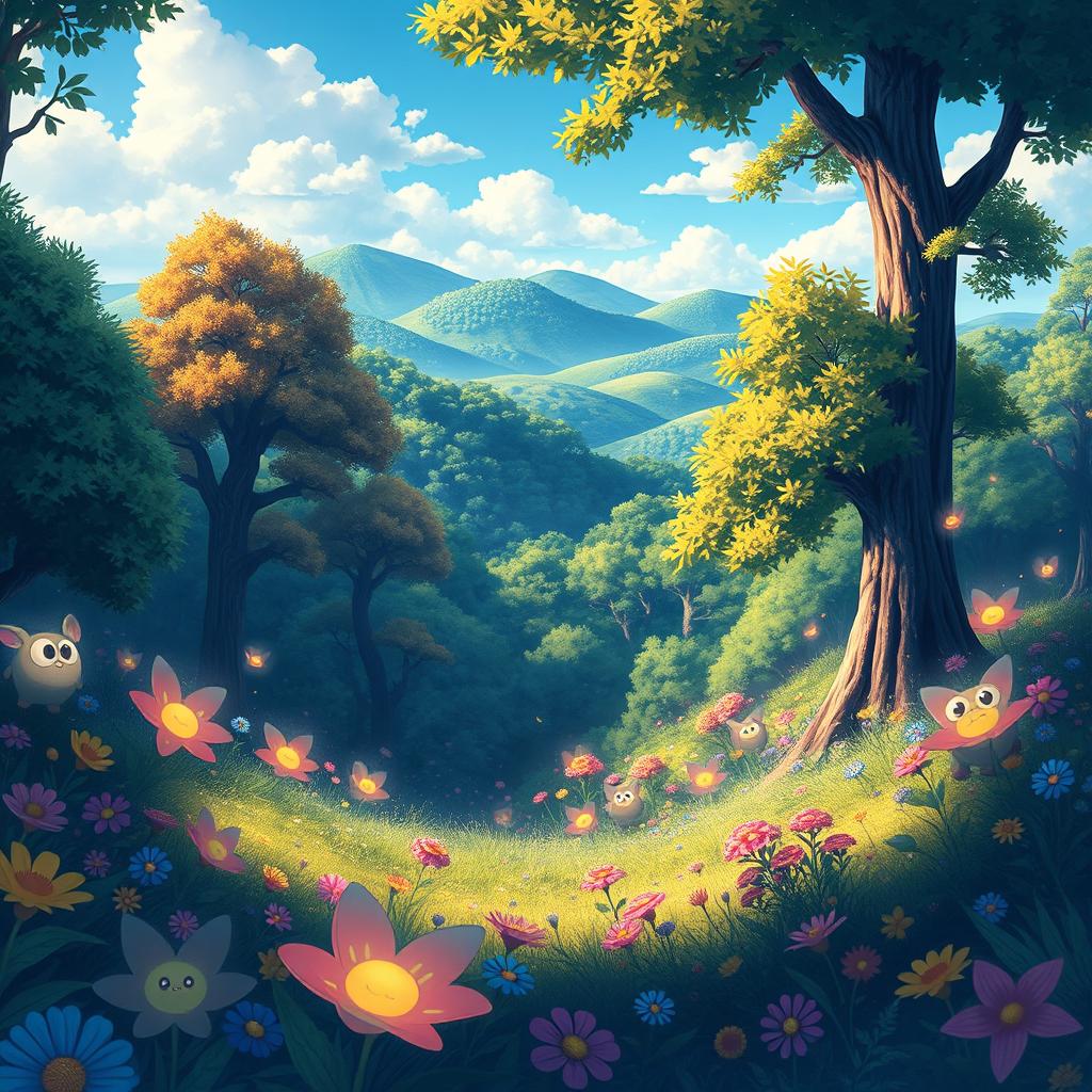 A lush, enchanting forest scene in the style of Studio Ghibli, featuring vibrant colors and whimsical details