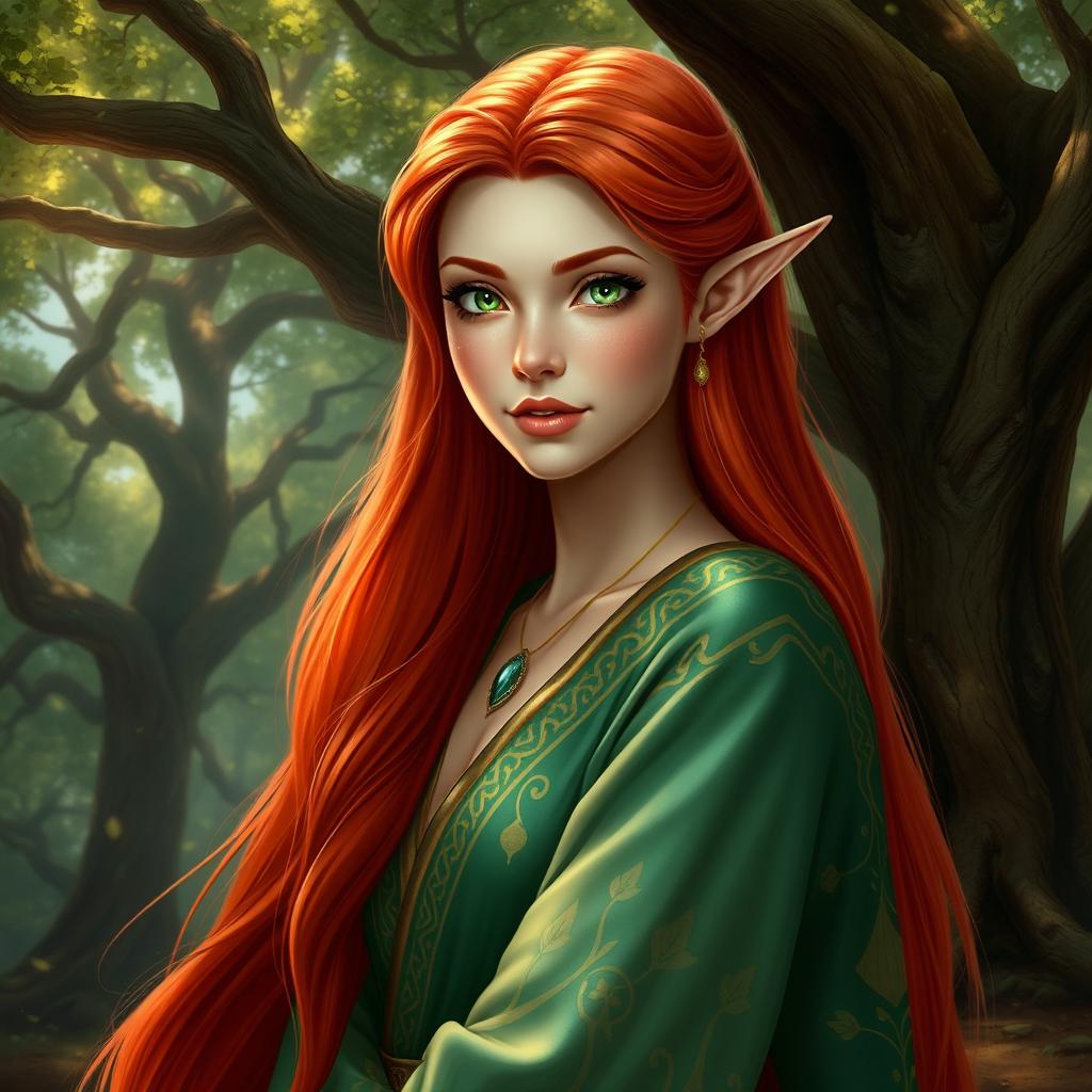 A stunning female high elf with long, flowing red hair cascading down her back, vibrant green eyes that sparkle with wisdom, and delicate pointed ears