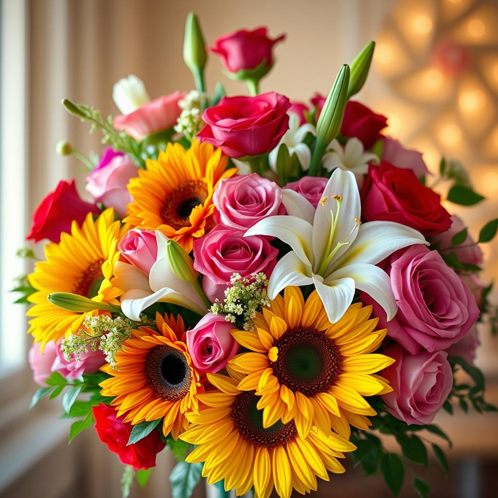 A beautifully arranged bouquet of flowers in a vertical format, featuring vibrant and colorful blooms