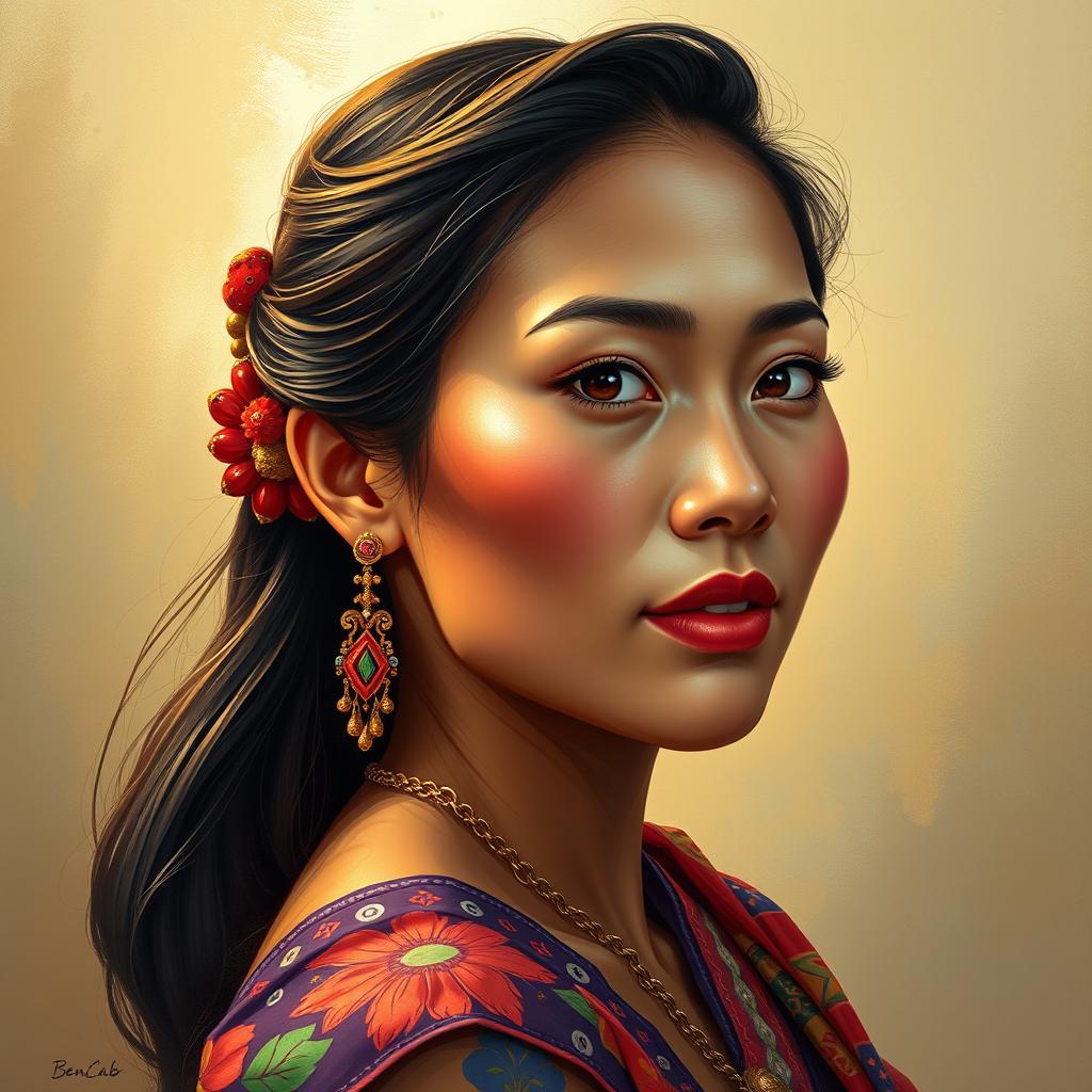 A captivating portrait of a Filipina woman, depicted in a quarter view, showcasing her traditional beauty and intricate features