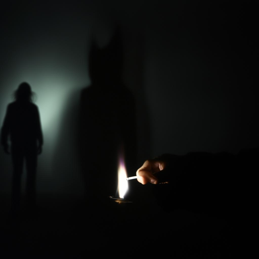 Detailed scene of a person front view lighting a cigarette, the lighter's flame flickering, casting an unearthly glow on a haunting silhouette behind them.