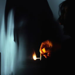 Detailed scene of a person front view lighting a cigarette, the lighter's flame flickering, casting an unearthly glow on a haunting silhouette behind them.