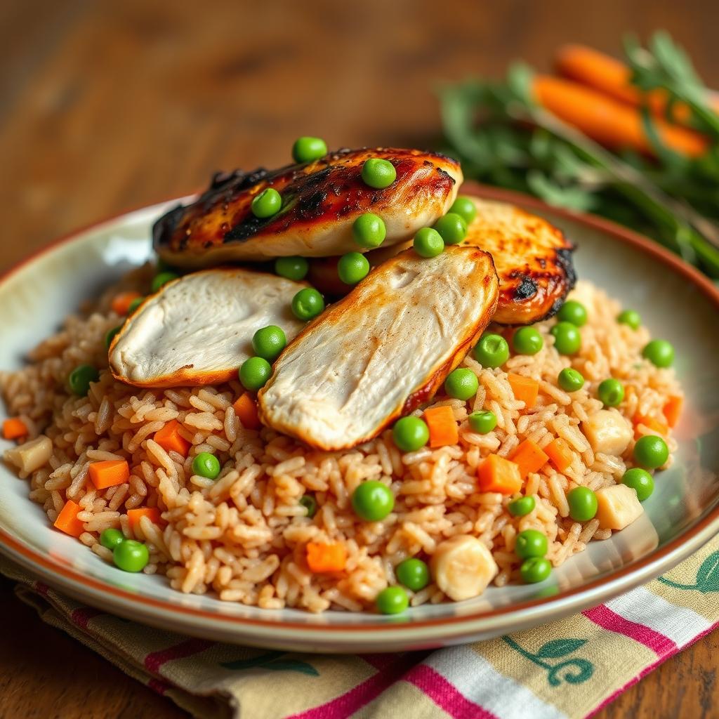 A vibrant dish of brown long-grain rice, perfectly cooked and fluffy, garnished with bright green peas and finely diced orange carrots