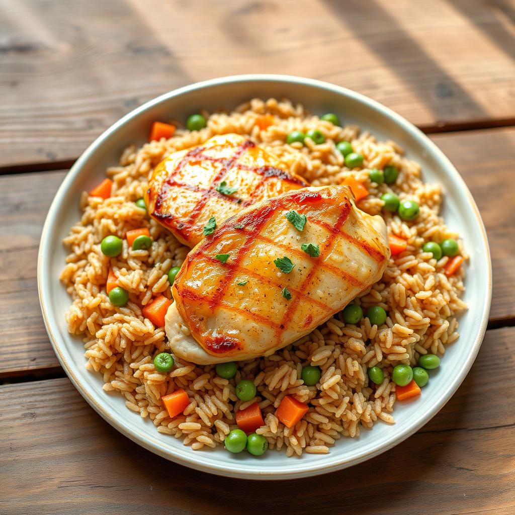 A beautifully plated dish of brown long-grain rice, featuring vibrant green peas and orange carrots mixed in