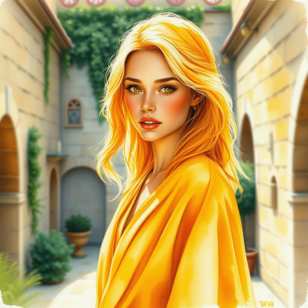 An impressionist watercolor painting of a stunning young woman characterized by beautiful golden skin that appears to shimmer like gold