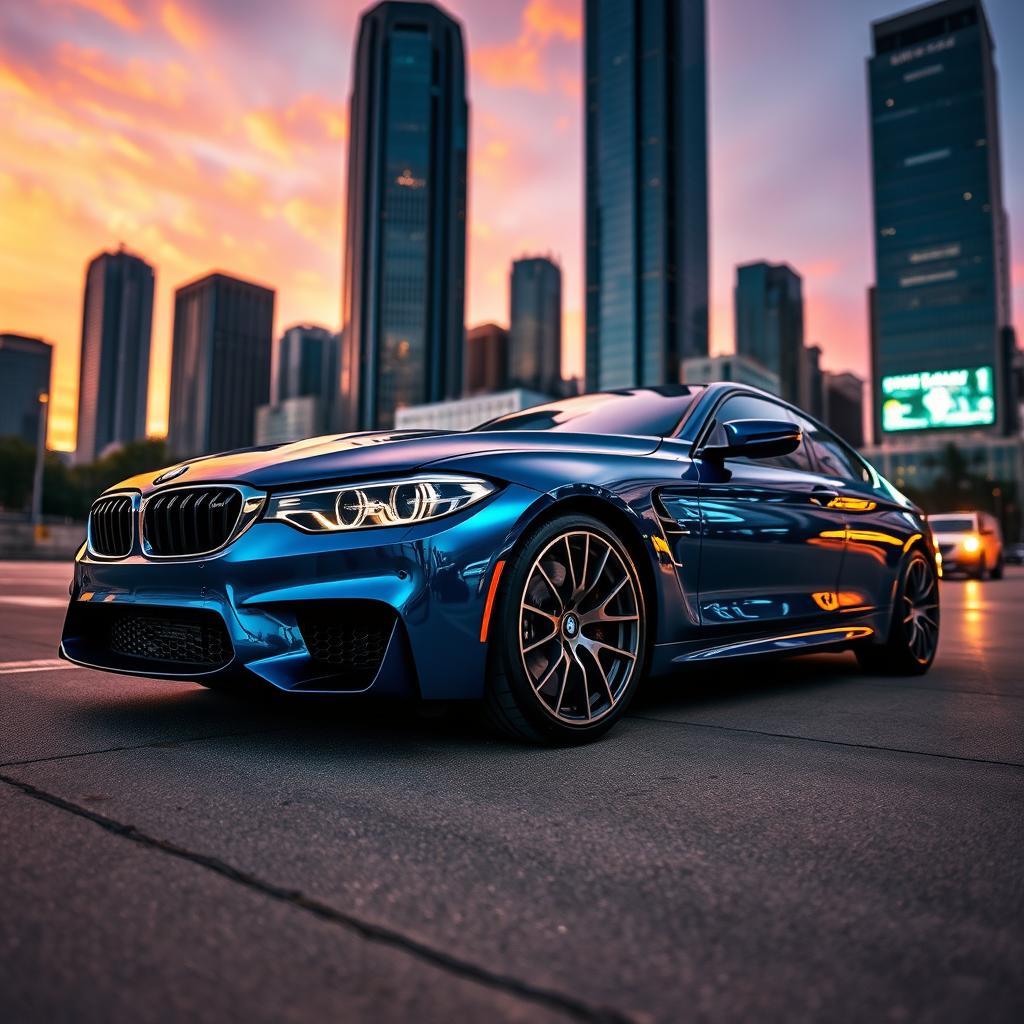 A stunning high-performance BMW car parked in a vibrant urban environment, showcasing its sleek design and aerodynamic lines