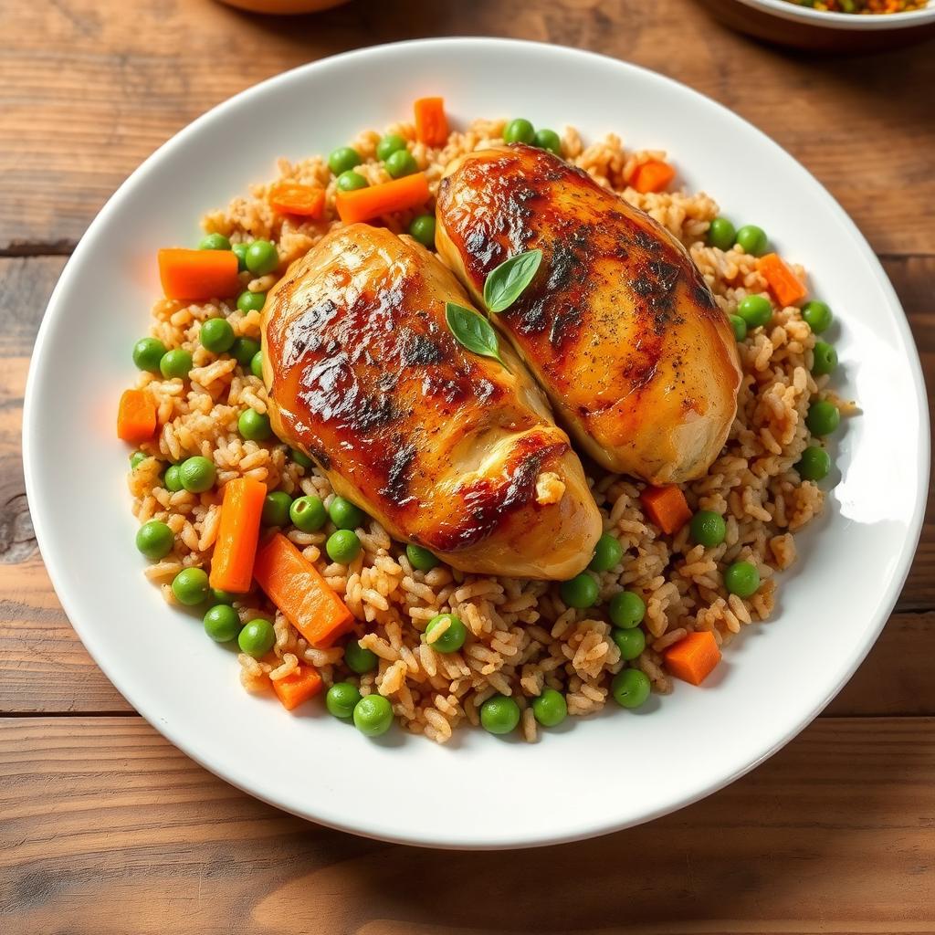 A beautifully arranged plate of brown long-grain rice served as kabsa, garnished with fresh green peas and vibrant orange carrots