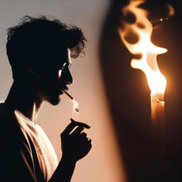 Render an image of a person in the foreground, lighting a cigarette with a flame that startlingly illuminates a mysterious silhouette in the background.