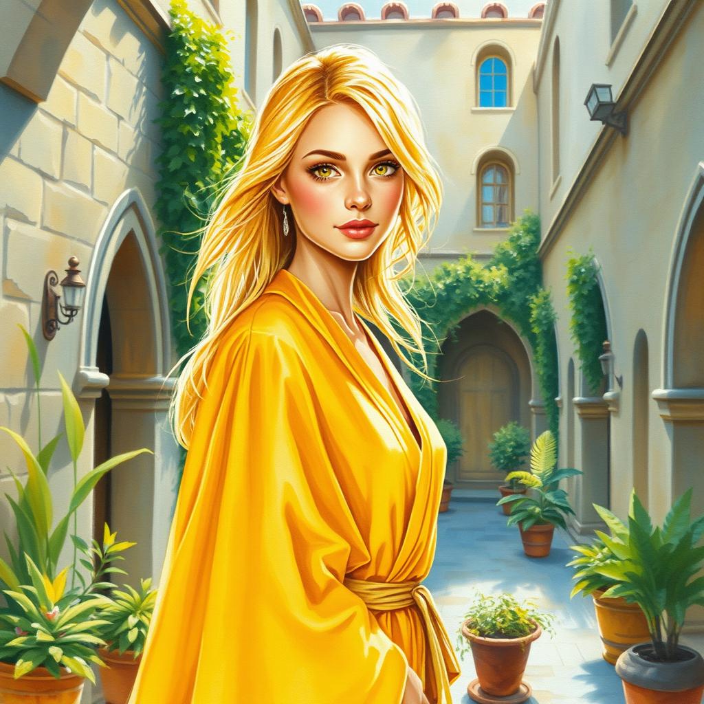 An impressionist watercolor painting depicting a beautiful young woman with radiant golden skin that gleams like polished gold