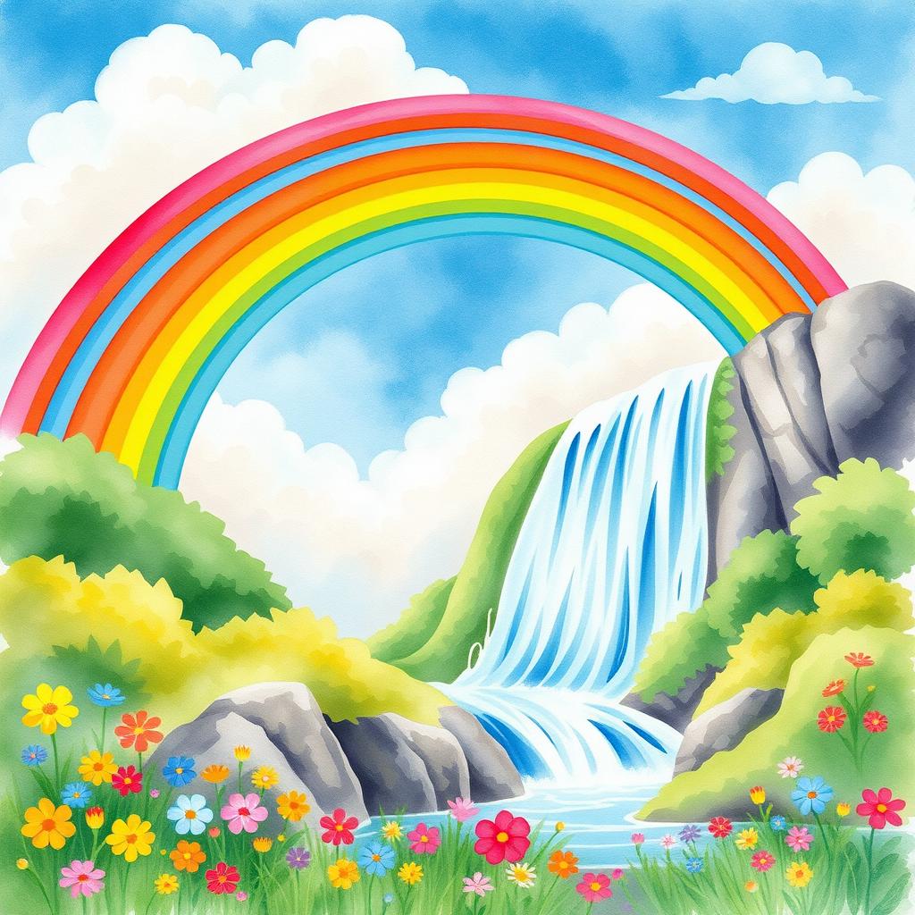 A vibrant watercolor scene depicting a stunning rainbow arching gracefully over a cascading waterfall