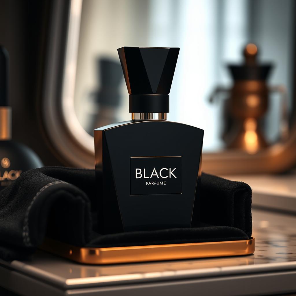 A sleek, modern perfume bottle named 'BLACK', featuring a unique silhouette with sharp, angular lines