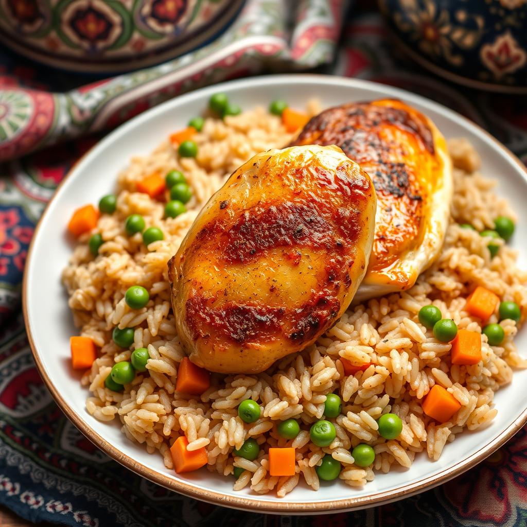 A beautifully arranged plate of Arabic Kabsa featuring long-grain brown rice, perfectly cooked with vibrant green peas and bright orange carrots for a pop of color