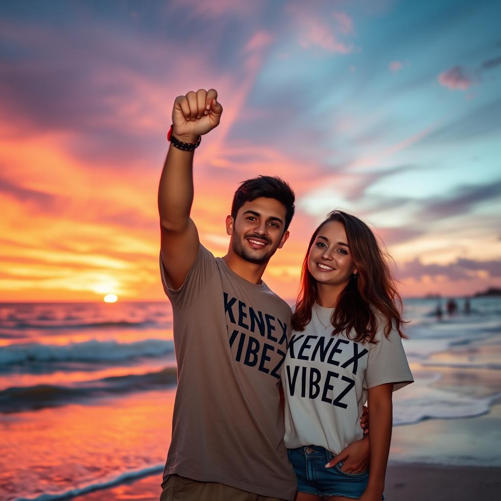 A girl holding up her boyfriend's hand against a stunning sunset backdrop, capturing a romantic moment