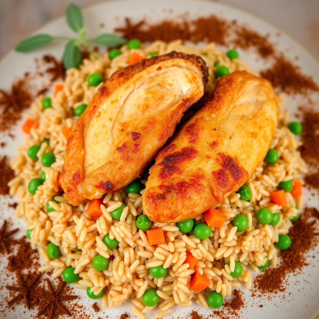 A beautiful plate of kabsa, featuring long-grain brown rice cooked to perfection, garnished with green peas and colorful carrots