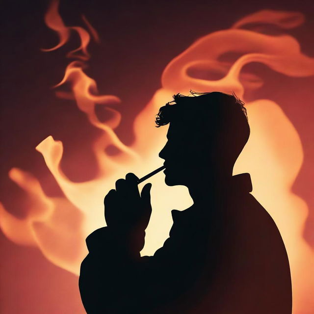 Render an image of a person in the foreground, lighting a cigarette with a flame that startlingly illuminates a mysterious silhouette in the background.