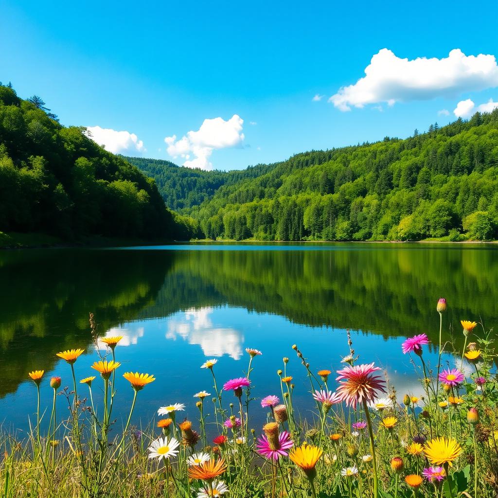 A serene landscape featuring a tranquil lake surrounded by lush green forests under a bright blue sky