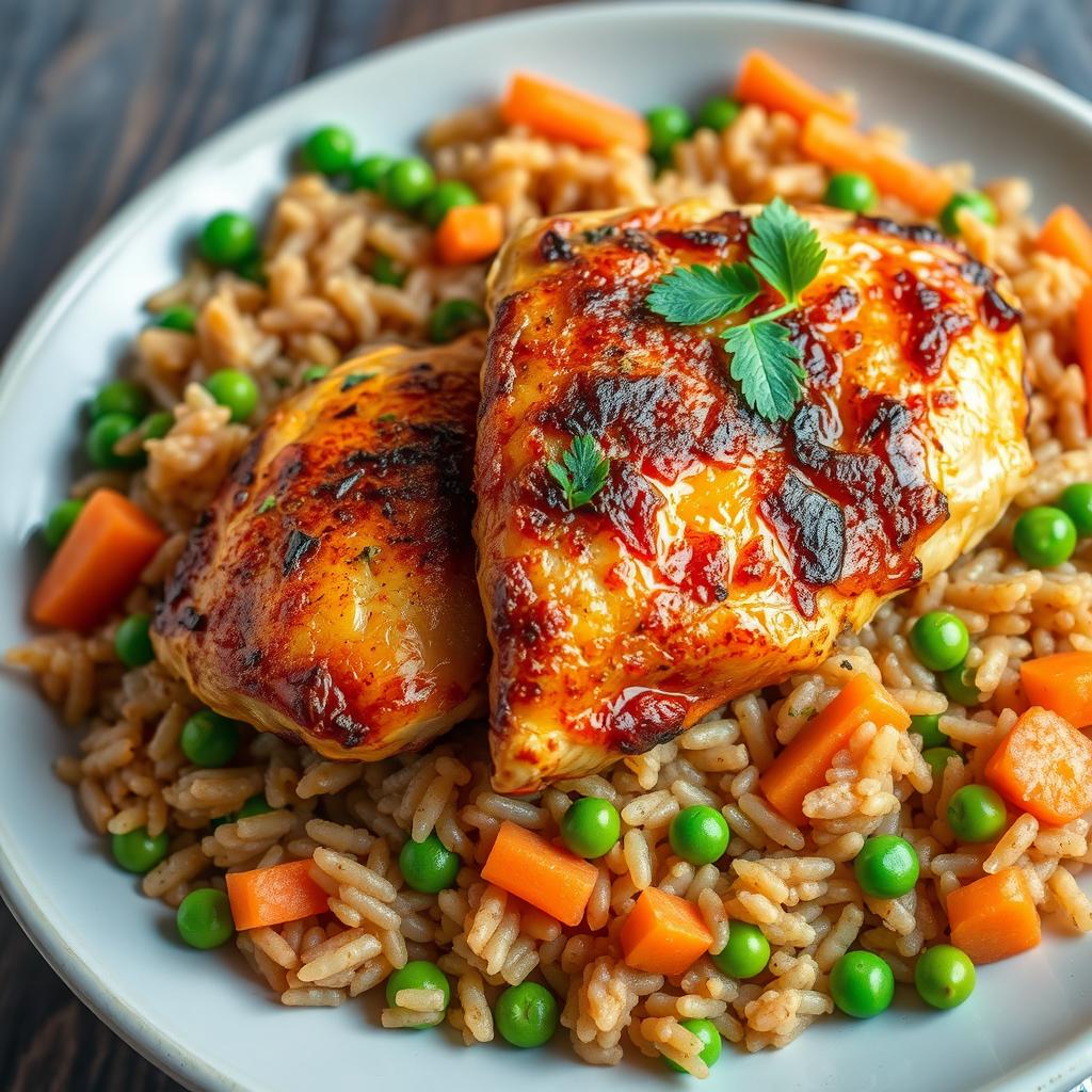 A delicious plate of brown long-grain rice kabsa, beautifully arranged with vibrant green peas and bright orange carrots