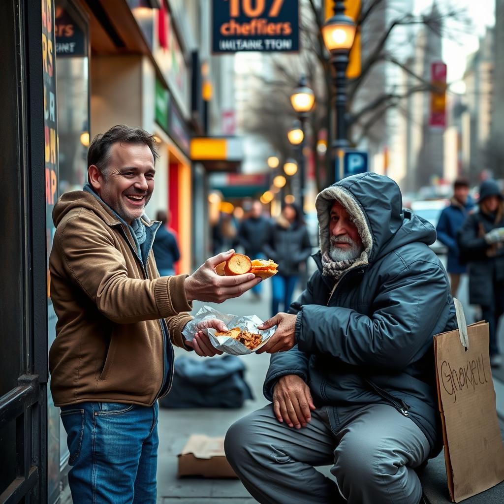 A compassionate scene capturing a man with a warm smile, generously handing over food to a homeless person sitting on a city sidewalk