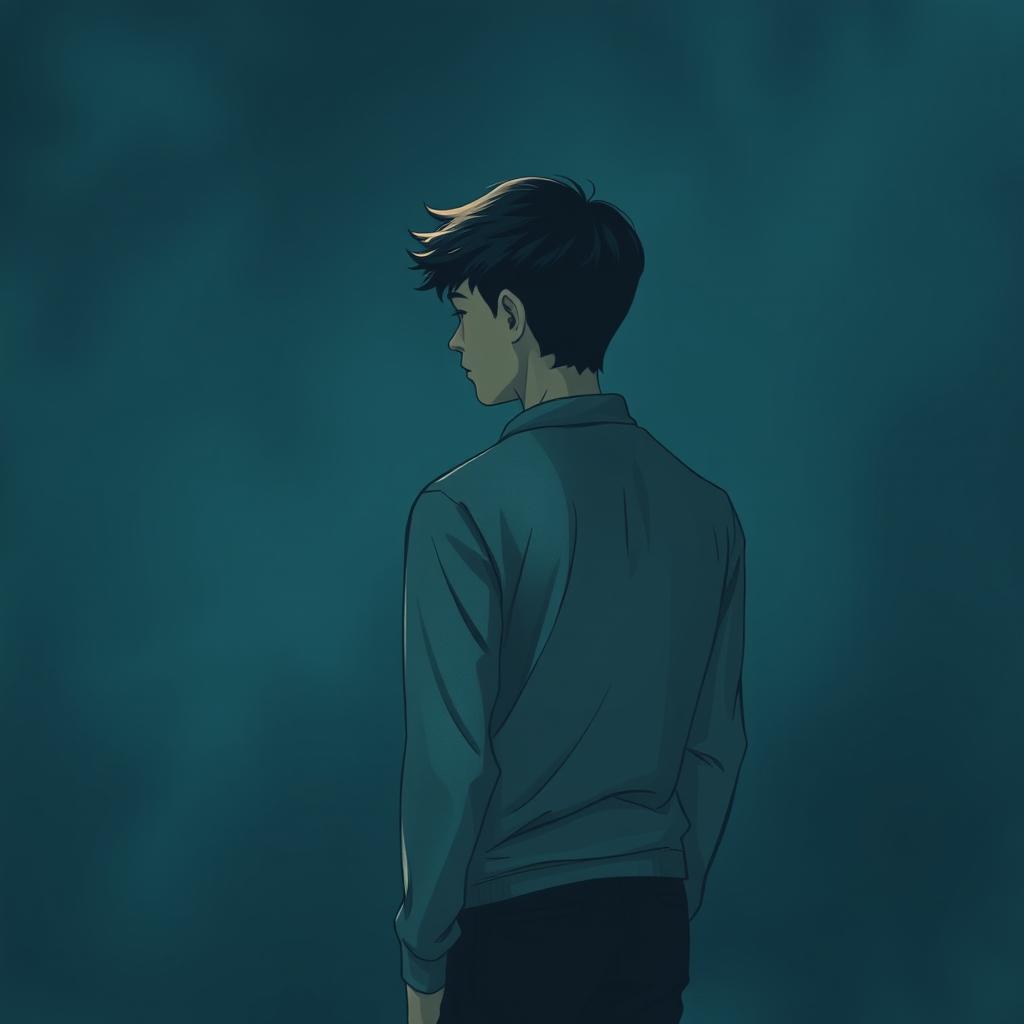 A book cover design in dark pastel tones, predominantly bluish and somber, featuring a realistic illustration of a male teenager transitioning to adulthood, standing with his back turned