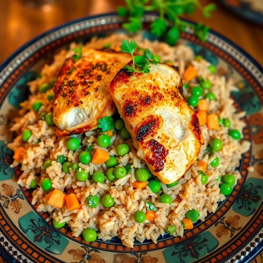 A vibrant plate of brown long-grain rice kabsa, beautifully garnished with green peas and diced carrots