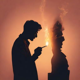 Render an image of a person in the foreground, lighting a cigarette with a flame that startlingly illuminates a mysterious silhouette in the background.