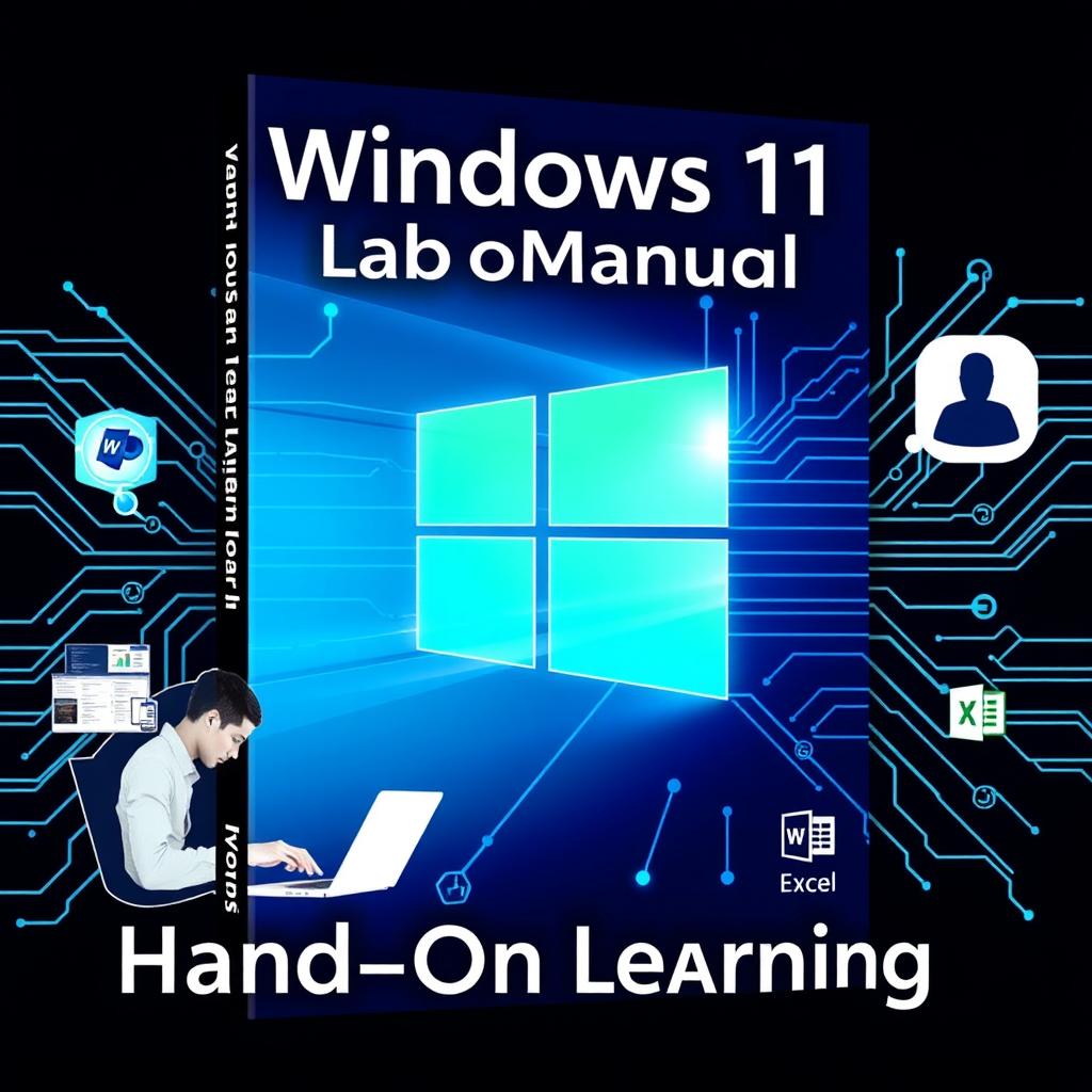 A comprehensive and visually appealing cover for a Windows 11 Lab Manual, featuring a sleek design with the iconic Windows 11 logo prominently displayed