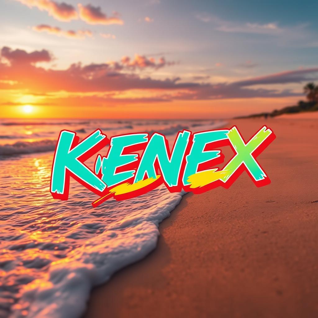A creative and vibrant scene featuring the bold writing 'KENEX VIBEZ' prominently displayed on a picturesque shore