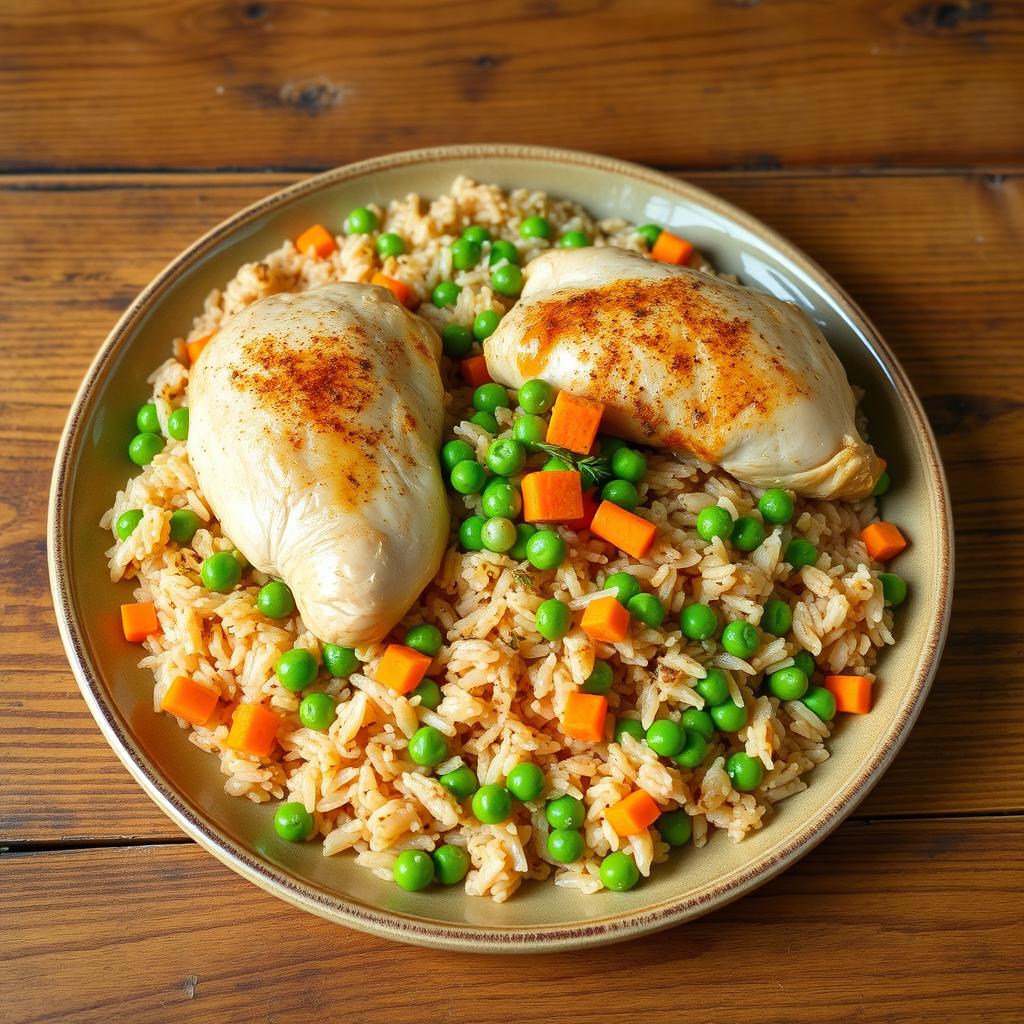 A beautiful plate of Kabsa, featuring long-grain brown rice cooked to perfection, garnished with bright green peas and fine-cut orange carrots