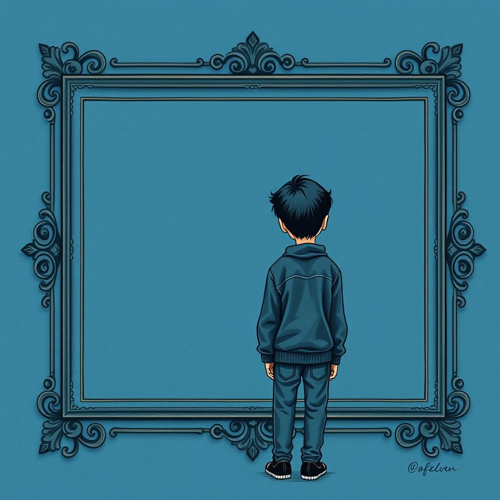 A book cover design in dark pastel blue tones, featuring a classic style with ornate frames